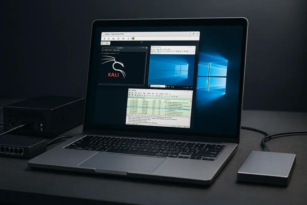 A compact, budget-friendly home lab for cybersecurity practice in 2025, featuring a refurbished black mini-PC, a network switch, an external hard drive, and a laptop screen displaying the VMware Workstation interface with Kali Linux, Windows 10, and Wireshark running simultaneously.