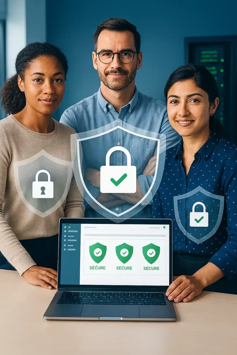 A diverse team of small business professionals in a modern office, protected by translucent digital shields and padlocks, symbolizing affordable cybersecurity measures.