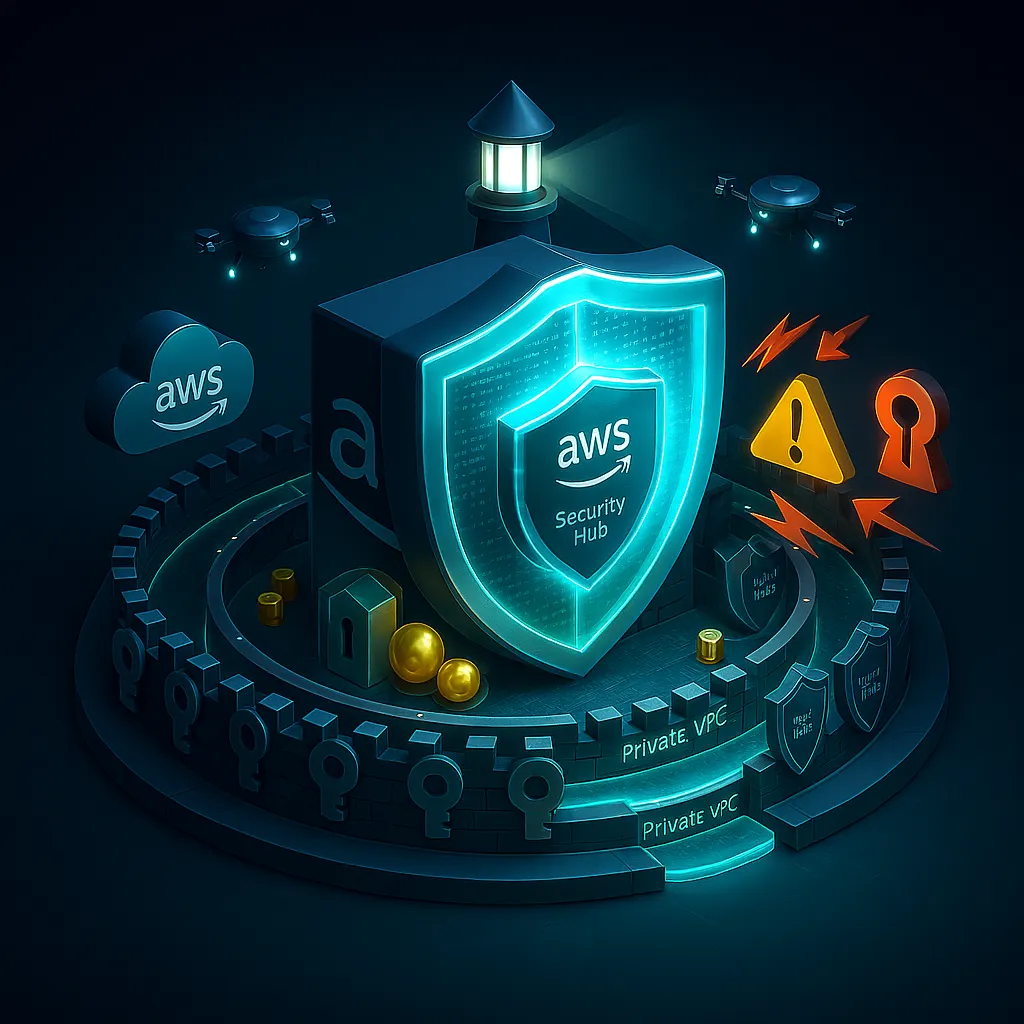 AWS Security Best Practices 2025 illustrated as a multi-layered, impregnable fortress protected by KMS encryption, VPC isolation, WAF, GuardDuty, and CloudTrail logging.
