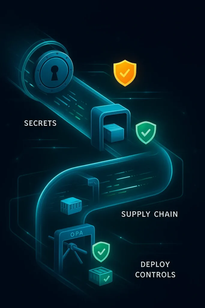 Diagram of a secure CI/CD pipeline with security guardrails protecting secrets, scanning the software supply chain, and gating deployments.