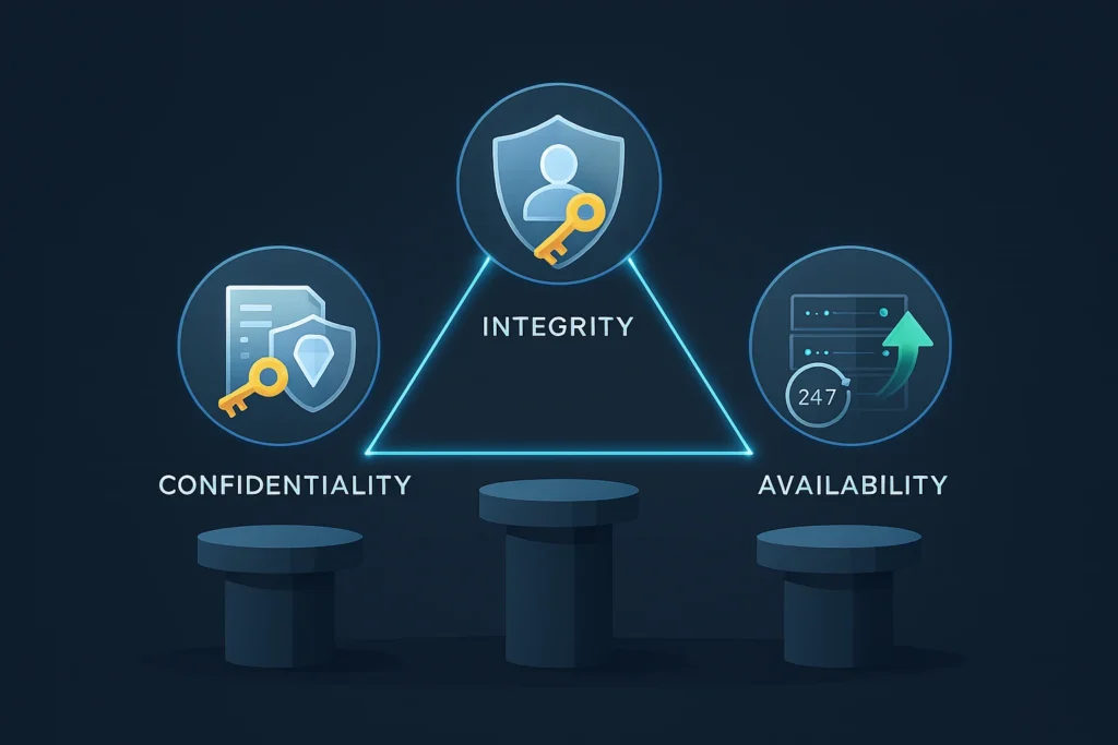 A conceptual diagram illustrating the three principles of the CIA Triad in cybersecurity - Confidentiality (shield with a key), Integrity (diamond with a checkmark), and Availability (server with an upward arrow) - balanced equally on a dark blue background.