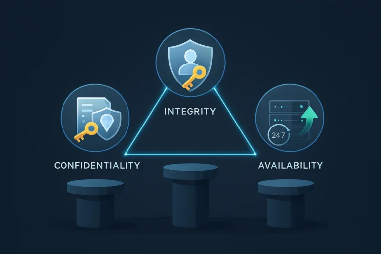 A conceptual diagram illustrating the three principles of the CIA Triad in cybersecurity - Confidentiality (shield with a key), Integrity (diamond with a checkmark), and Availability (server with an upward arrow) - balanced equally on a dark blue background.
