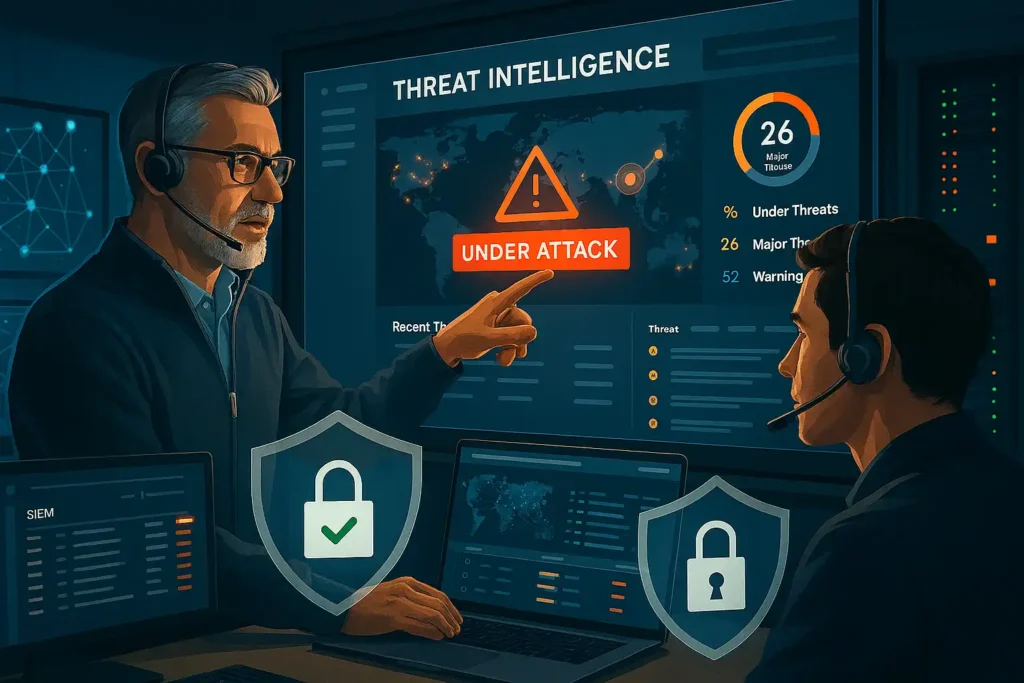 Senior cybersecurity mentor guiding junior analyst in SOC, reviewing threat intelligence dashboard and security alerts for effective mentoring in cybersecurity.