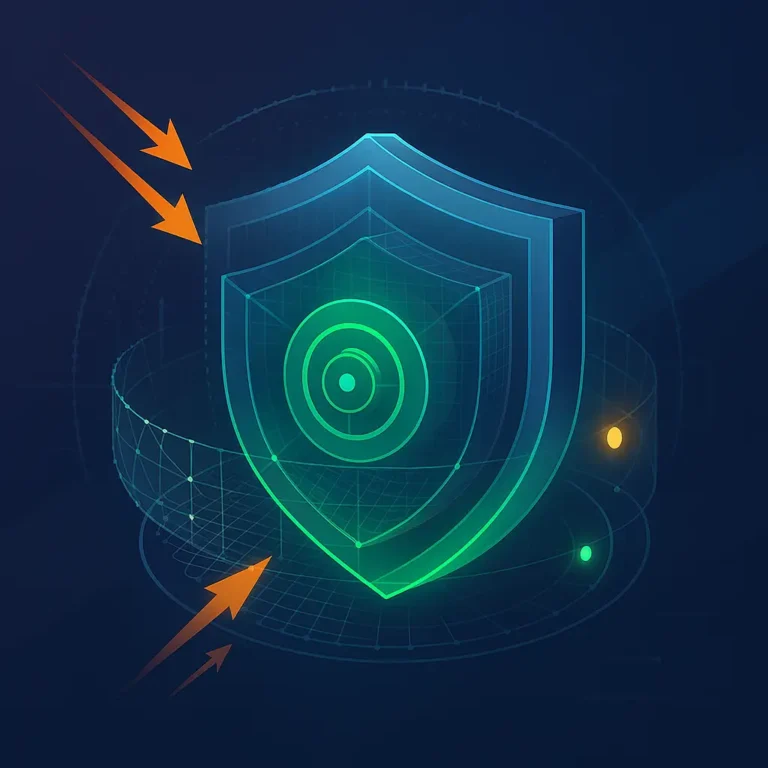 Diagram illustrating a multi-layered cybersecurity defense strategy with concentric shields protecting a central data core, representing perimeter, network, endpoint, and data security layers.
