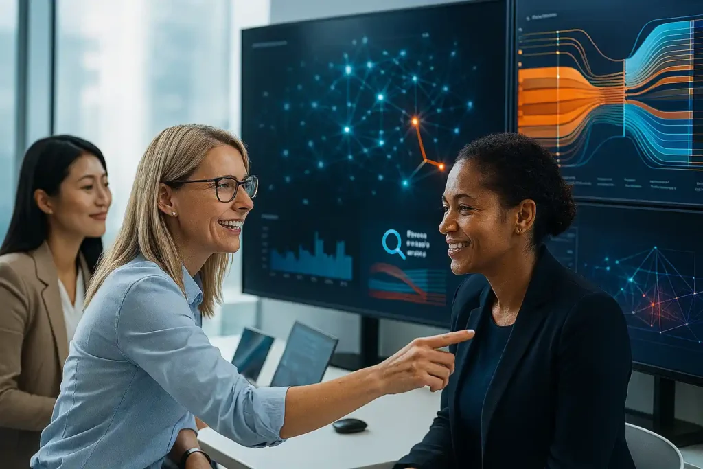 A diverse group of women cybersecurity professionals in a modern SOC, collaboratively monitoring a large digital threat intelligence dashboard displaying real-time data visualizations and network activity maps.
