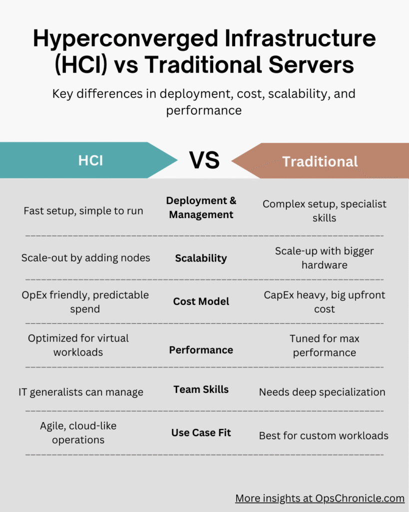 Infographic comparing Hyperconverged Infrastructure (HCI) and Traditional Servers by deployment, scalability, cost, and performance. OpsChronicle