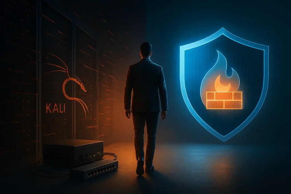 Conceptual visual of a career path transitioning from IT server racks to a secure cybersecurity shield blocking red cyber threats.