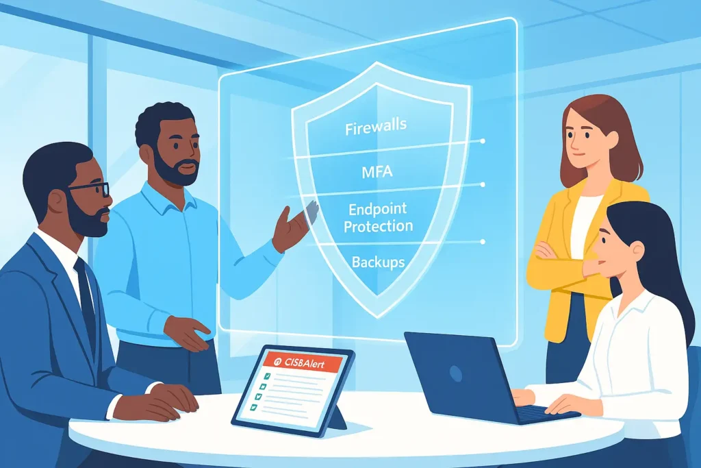 A diverse IT team in a modern operations center analyzes a transparent holographic display illustrating layered cybersecurity defenses: firewalls, MFA, endpoint protection, and backups.
