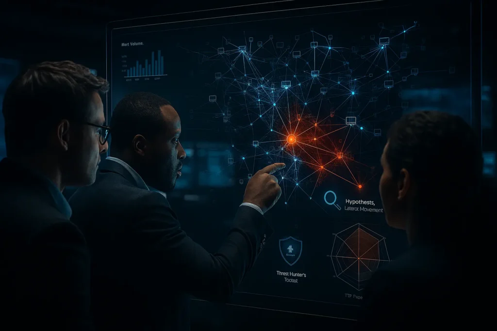A diverse team of cybersecurity analysts in a modern SOC work together, examining a complex 3D network visualization on a large holographic screen to proactively identify and isolate security threats.
