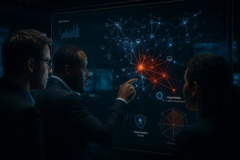 A diverse team of cybersecurity analysts in a modern SOC work together, examining a complex 3D network visualization on a large holographic screen to proactively identify and isolate security threats.