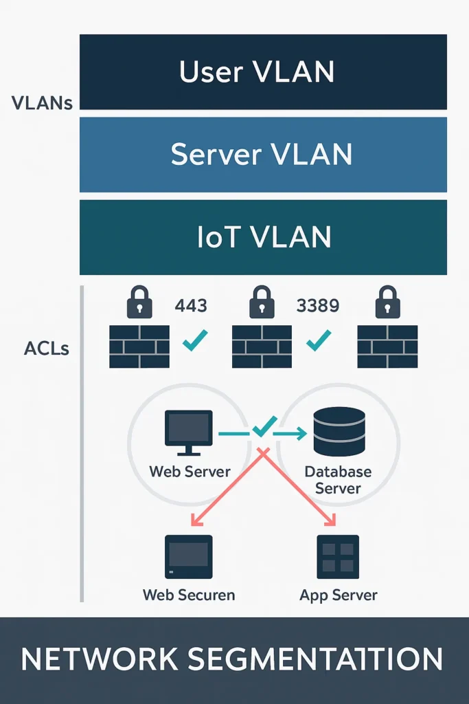 A technical infographic explaining three layers of network security: VLAN segmentation, Access Control List (ACL) gateways, and workload-level microsegmentation within a data center.