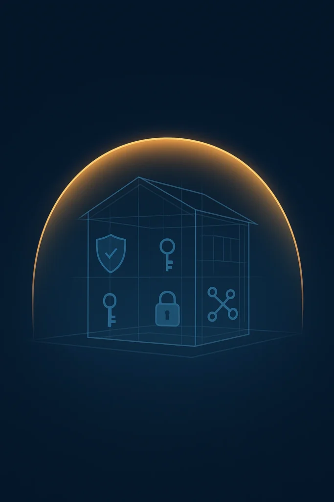 Minimalist infographic of a building blueprint with cybersecurity icons built into its foundation under a golden dome of protection, visualizing the Security by Design principle.