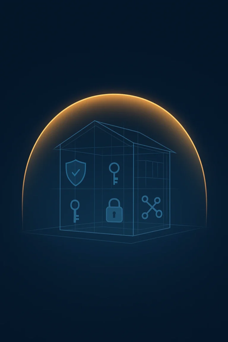 Minimalist infographic of a building blueprint with cybersecurity icons built into its foundation under a golden dome of protection, visualizing the Security by Design principle.