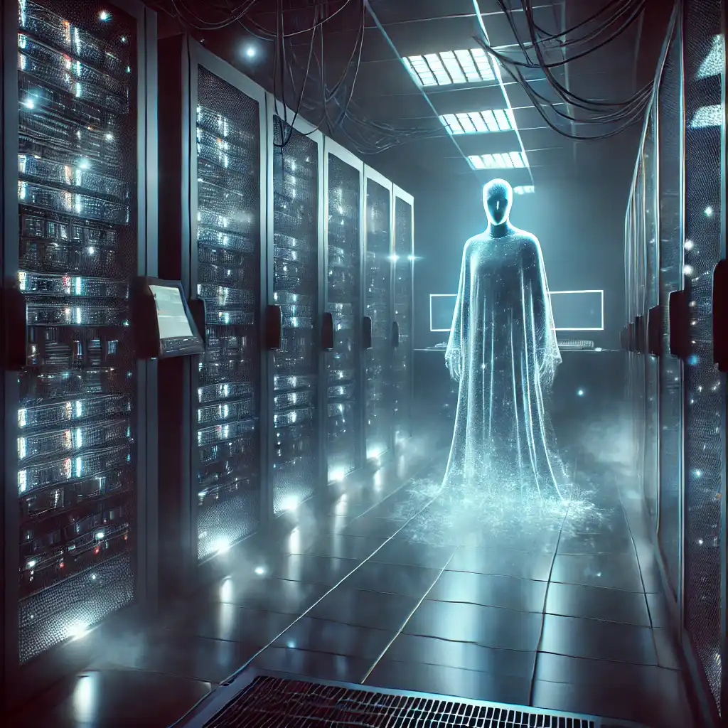 A ghostly figure in a dark server room symbolizing the hidden trade-offs of serverless databases, including pros, cons, and real-world use cases.