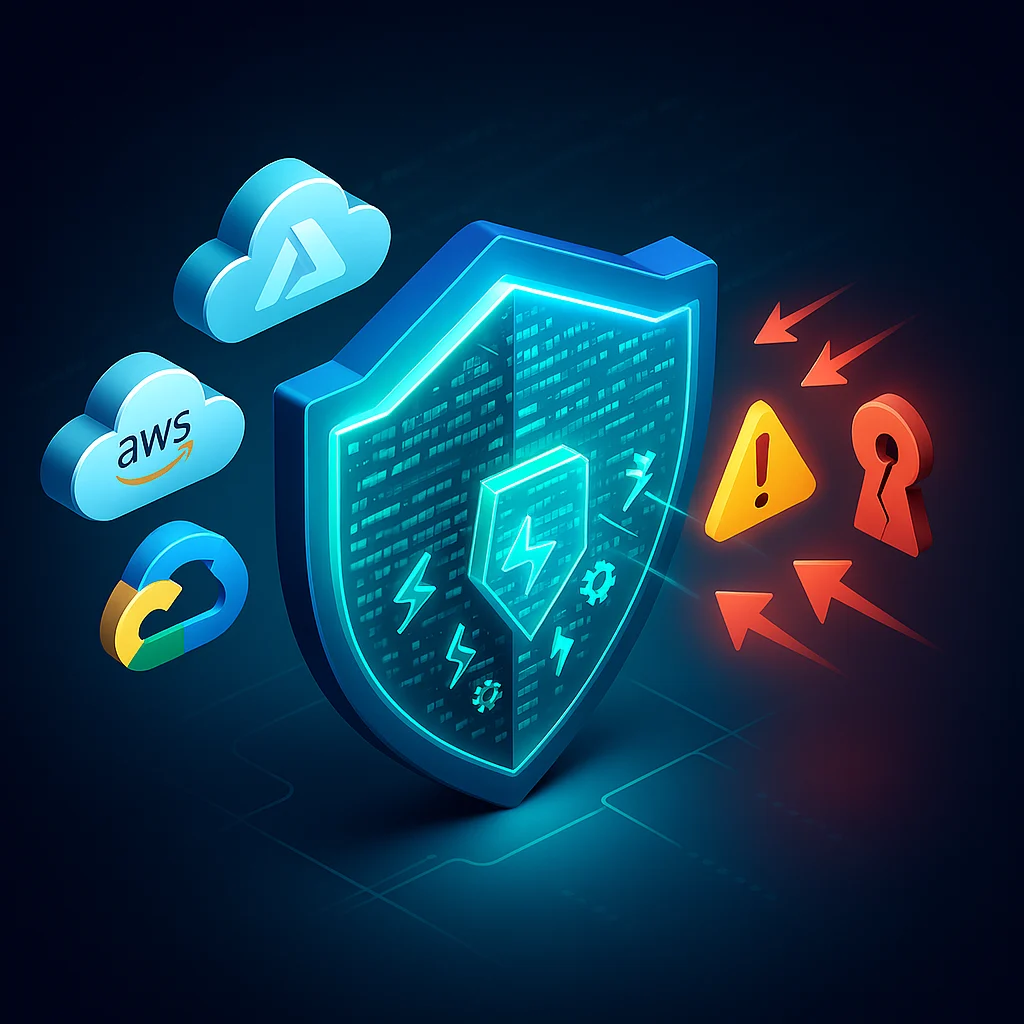 Serverless functions security illustrated as a protective shield defending AWS Lambda, Azure Functions, and Google Cloud Functions from common threats like insecure code and event injection.
