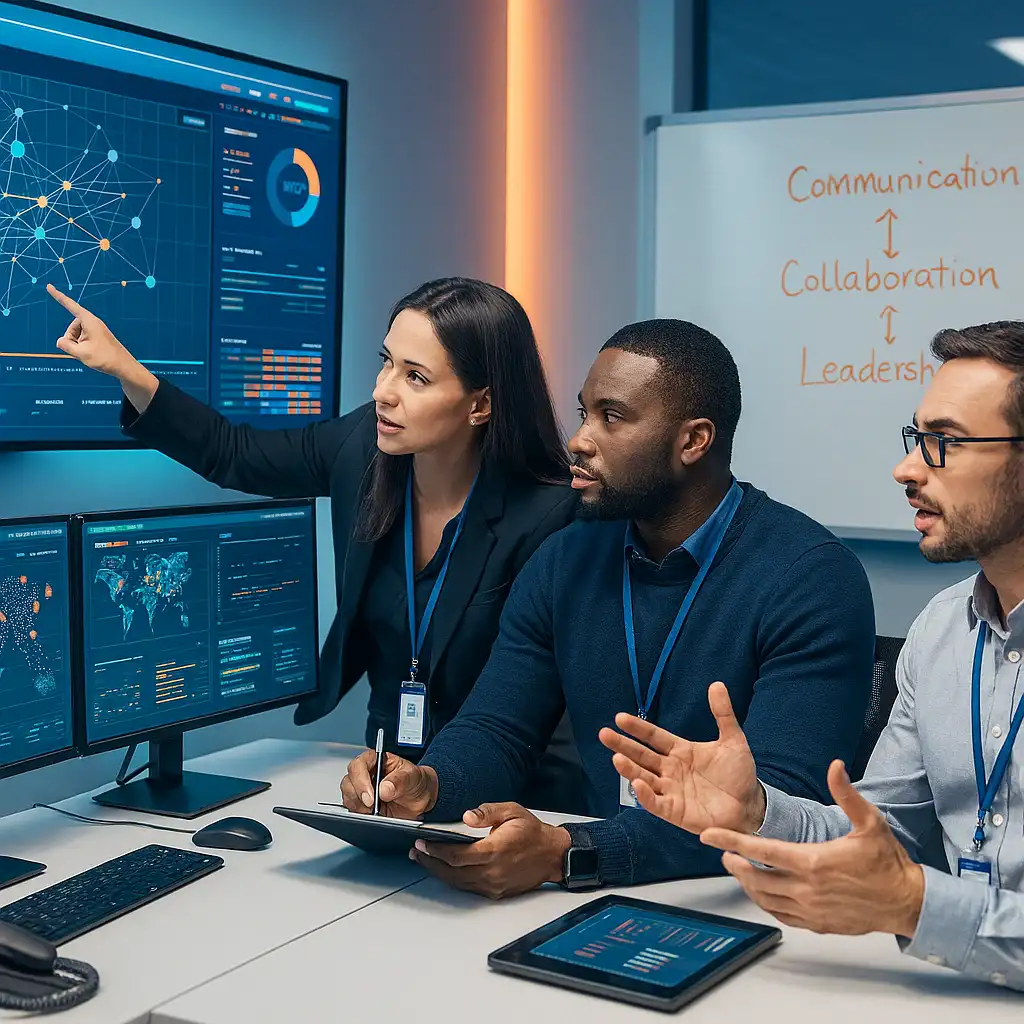 Diverse cybersecurity team collaborating on a threat response plan in a modern SOC, highlighting the importance of soft skills like communication and leadership for security professionals.