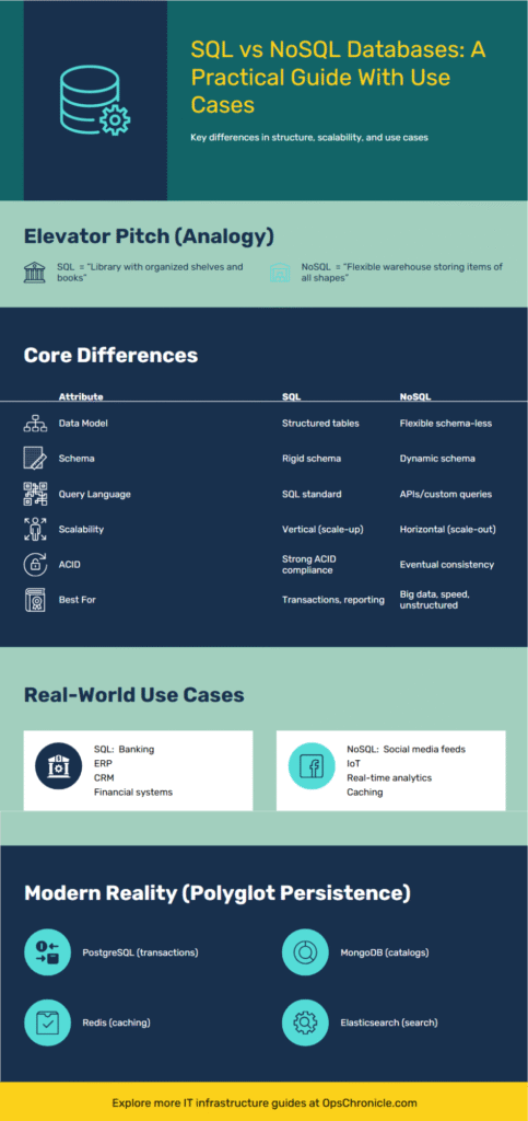 SQL vs NoSQL Databases Infographic: Key Differences & Use Cases Infographic comparing SQL and NoSQL databases with differences in schema, scalability, ACID compliance, and real-world use cases.